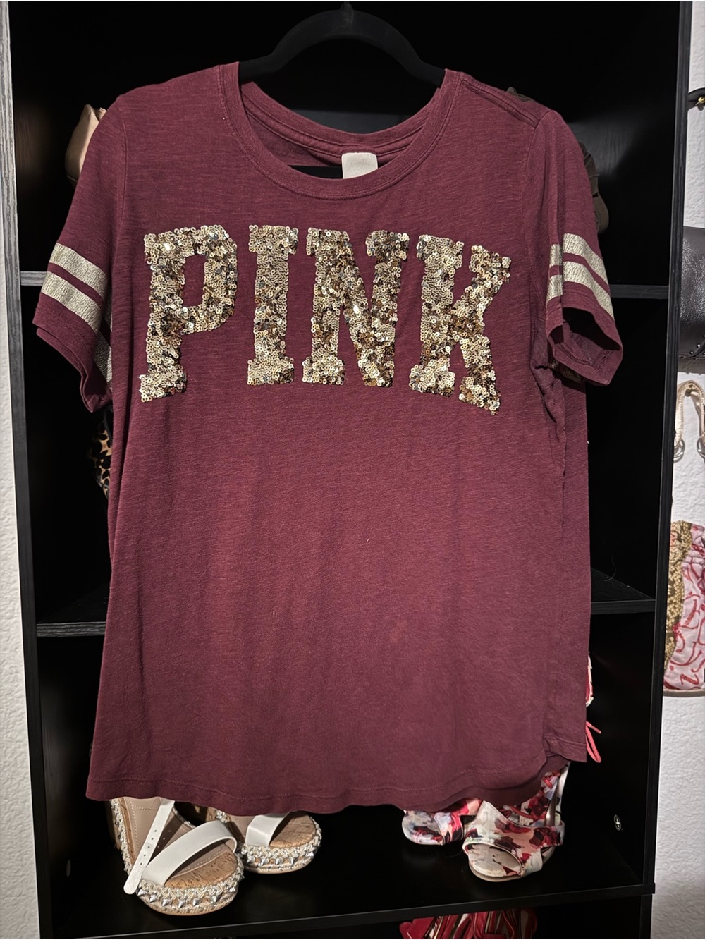 Victoria's Secret Maroon Short Sleeve Tee with Gold Sequin PINK
